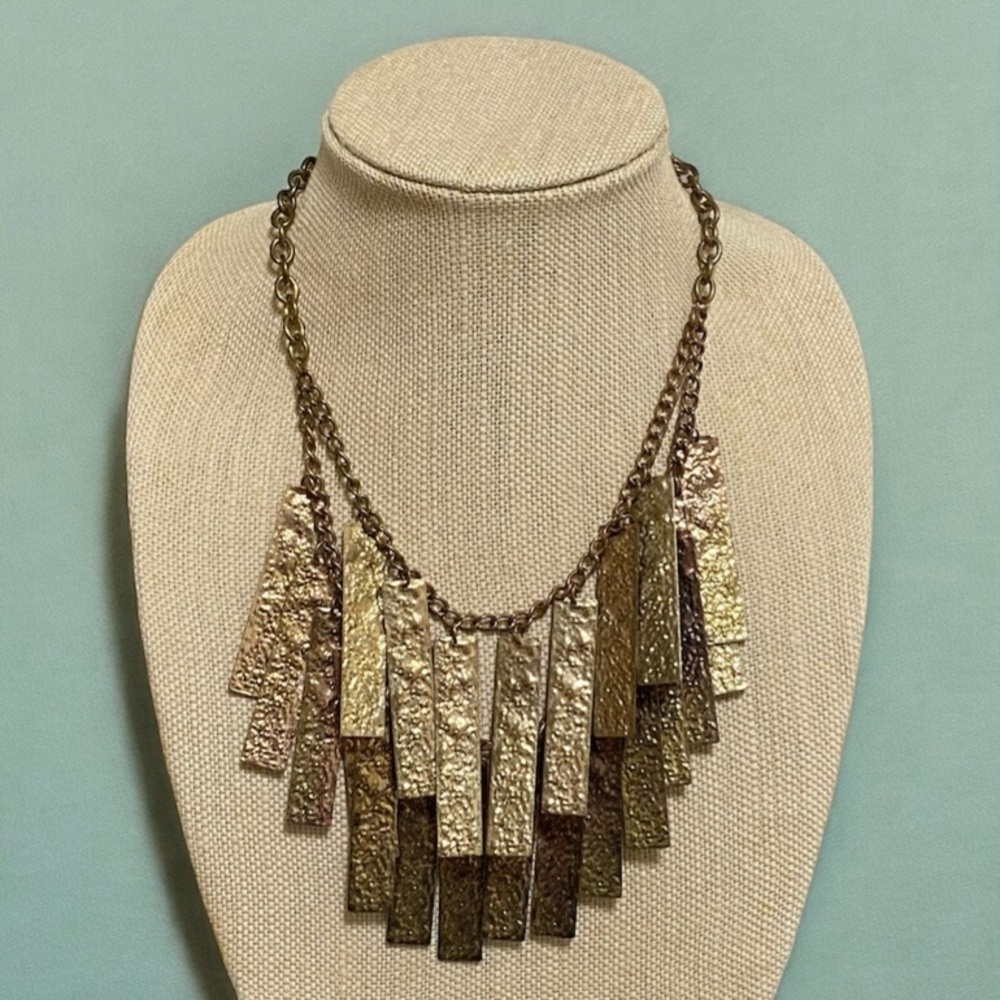 Vintage Gold Tone Textured Tag Drop Necklace Statement Double Layer 20.5”